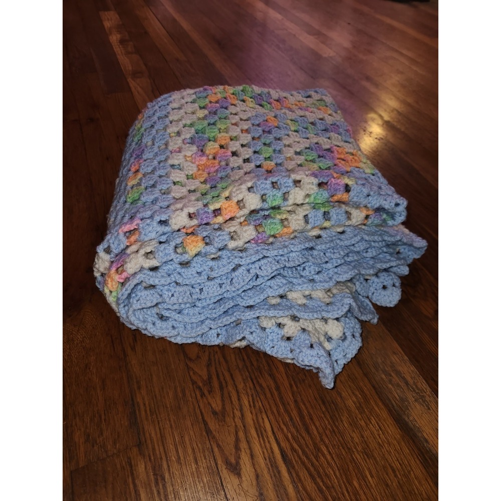 Handmade Crochet Multicolor Baby Blanket 52" X 50" Blue White Pink Orange Purple